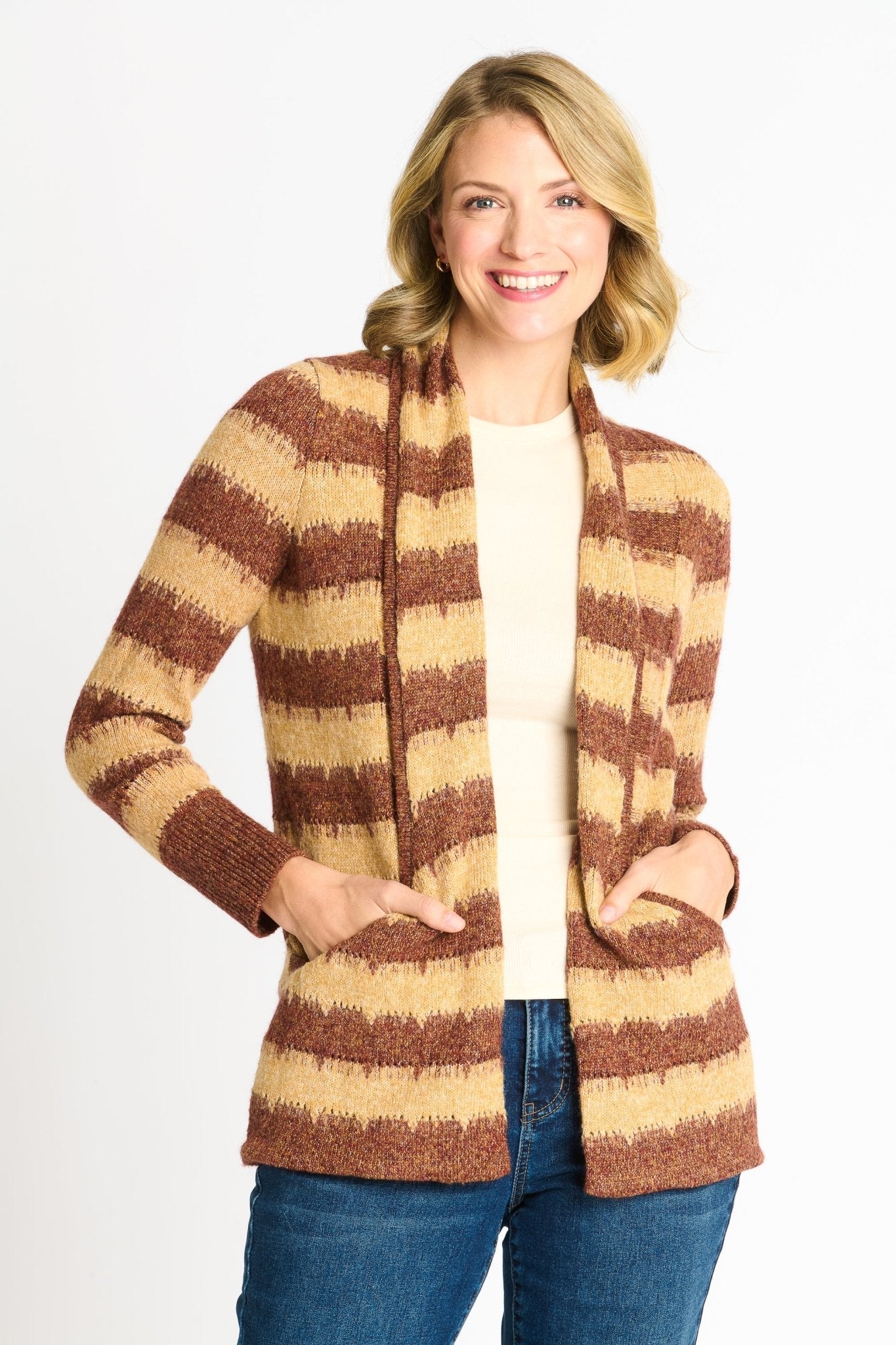 Wave Stripe J-Pocket Cardigan Sweater, Caramel Heather