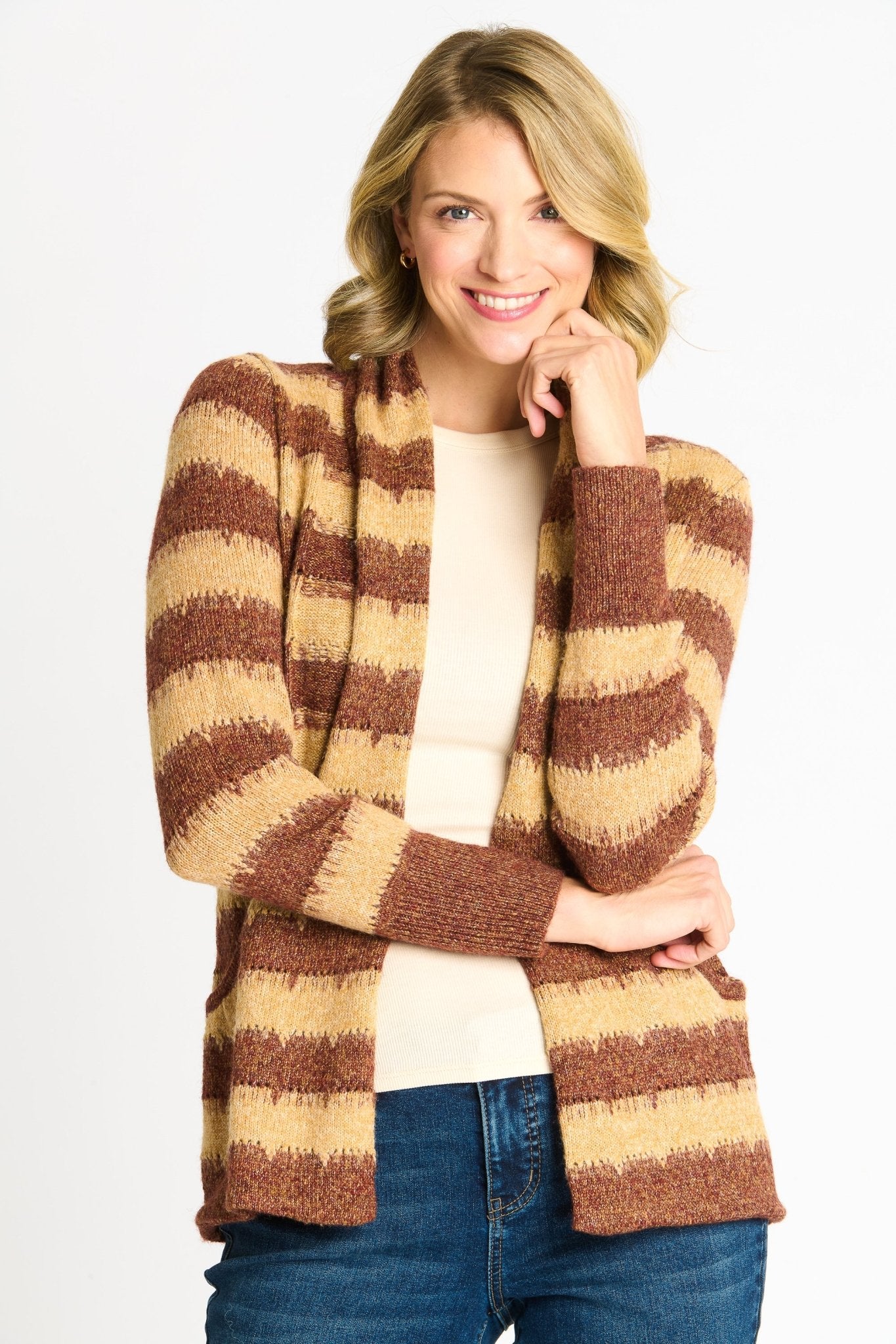 Wave Stripe J-Pocket Cardigan Sweater, Caramel Heather