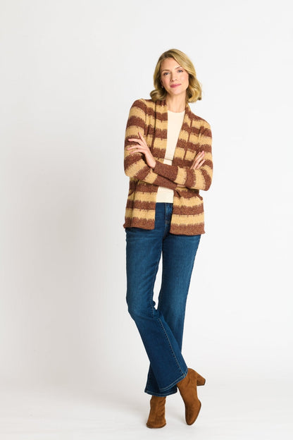 Wave Stripe J-Pocket Cardigan Sweater, Caramel Heather