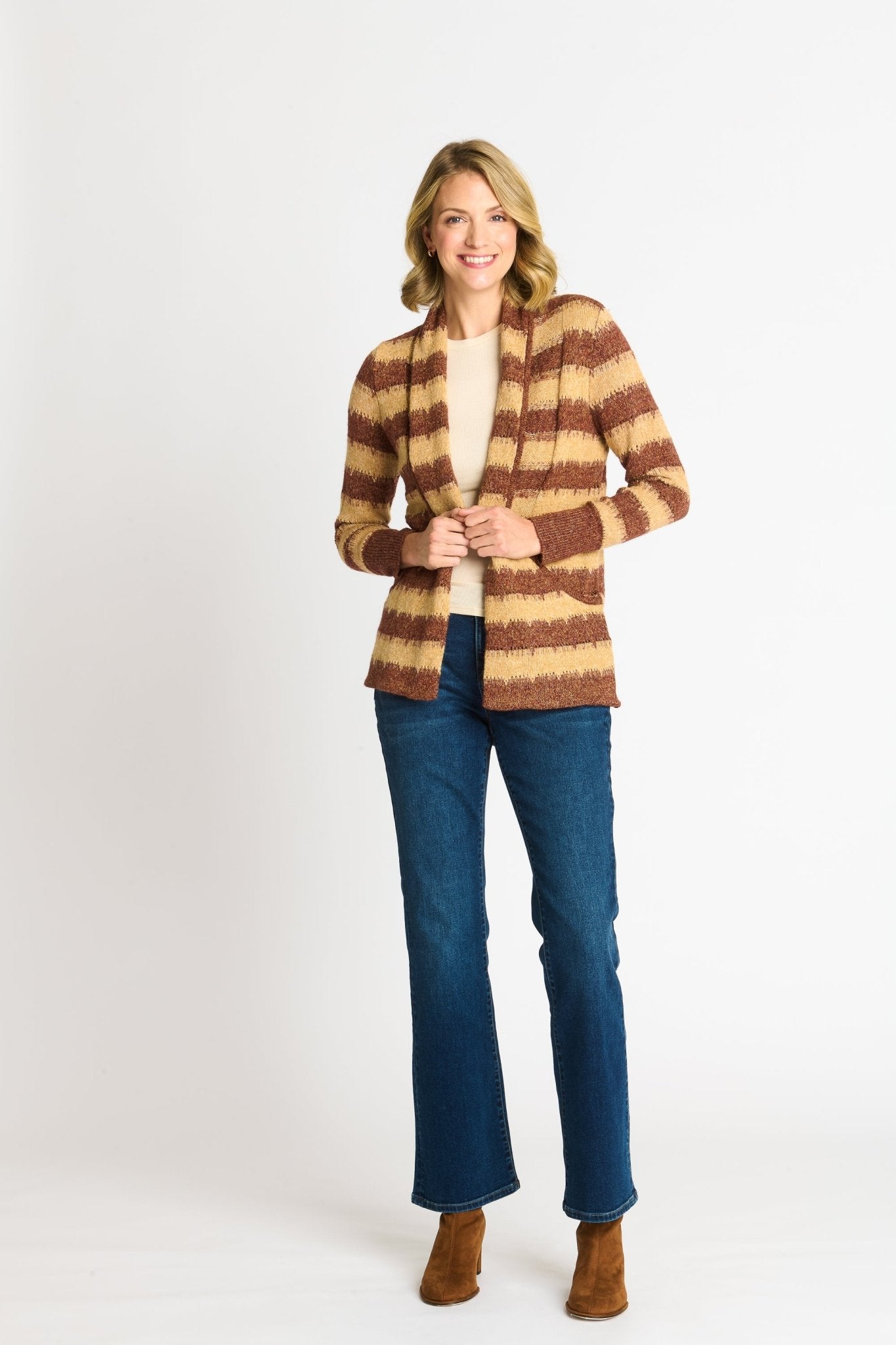 Wave Stripe J-Pocket Cardigan Sweater, Caramel Heather