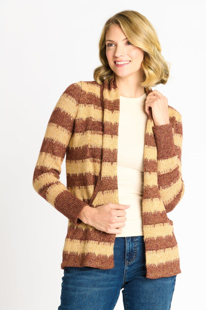 Wave Stripe J-Pocket Cardigan Sweater, Caramel Heather