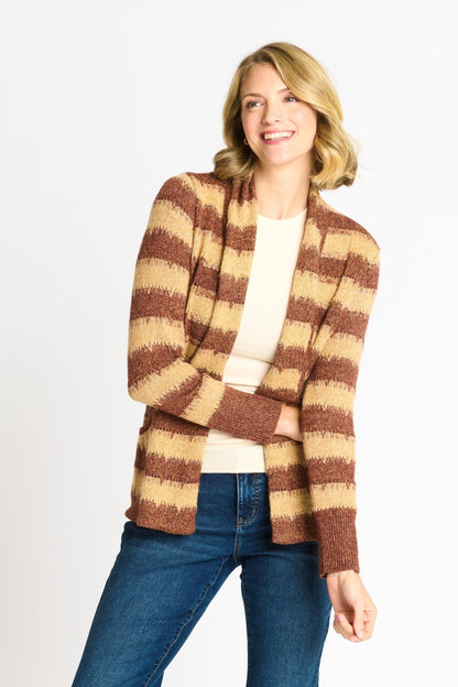 Wave Stripe J-Pocket Cardigan Sweater, Caramel Heather